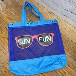 Mesh Beach Bag With Drawstring Top "Sun Fun" Beach Pool Vacation Tote